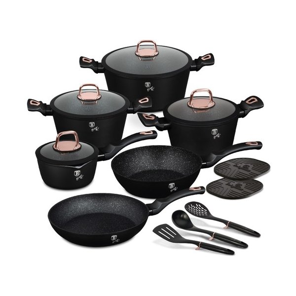 סט סירים ומחבתות 15 חלקים יציקת אלומיניום עם מכסי זכוכית וכלי מטבח